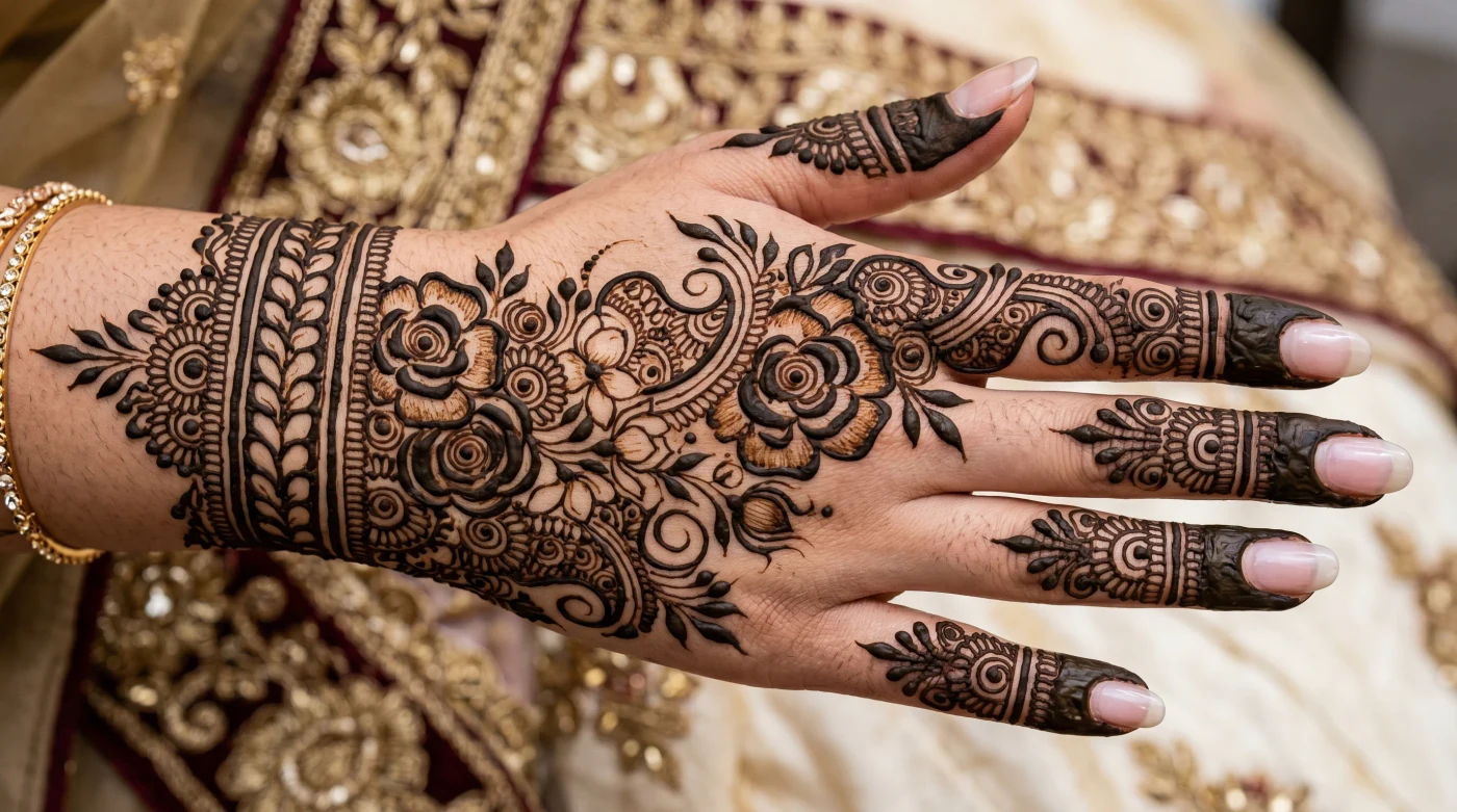 Arabic bridal back hand mehndi design with flowing floral details