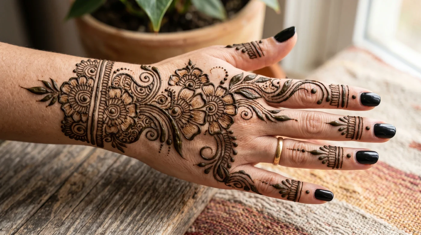 Arabic back hand henna design with elegant open spacing