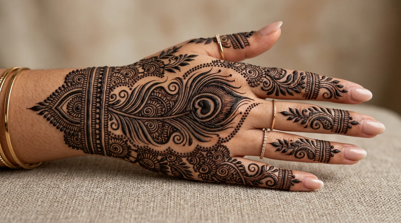 Arabic back hand mehndi design with bold decorative motifs