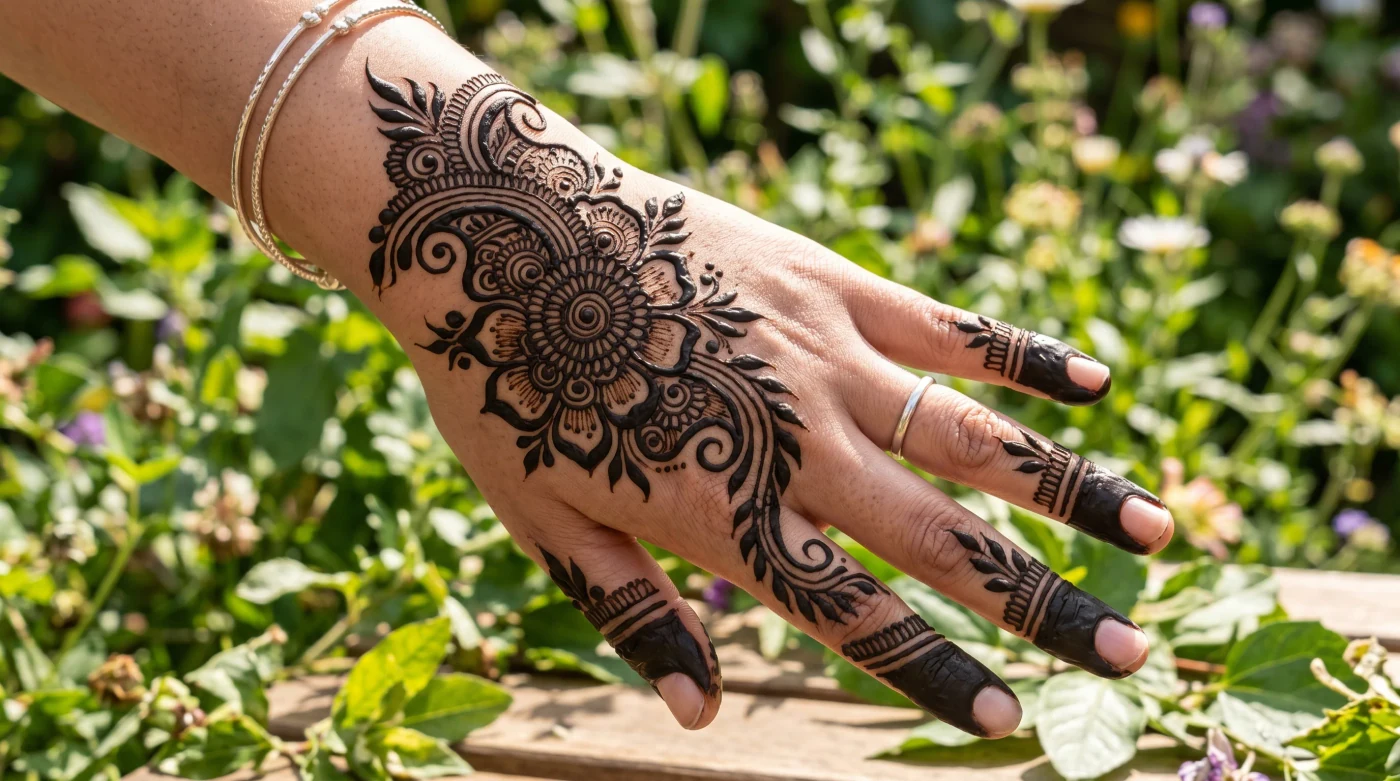 Beautiful Arabic mehndi artwork for the back of the hand