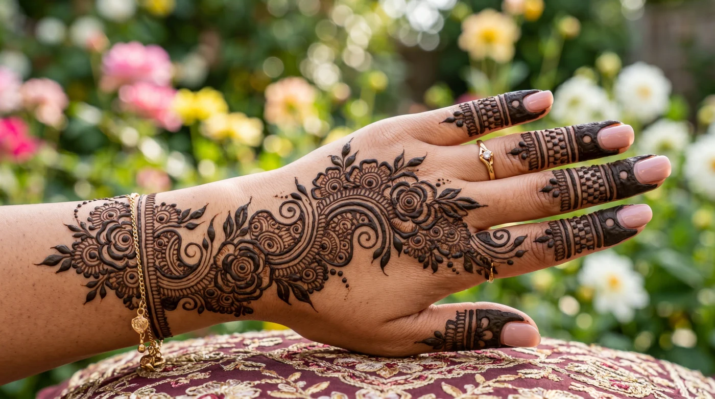 Modern Arabic style back hand mehndi with graceful curves