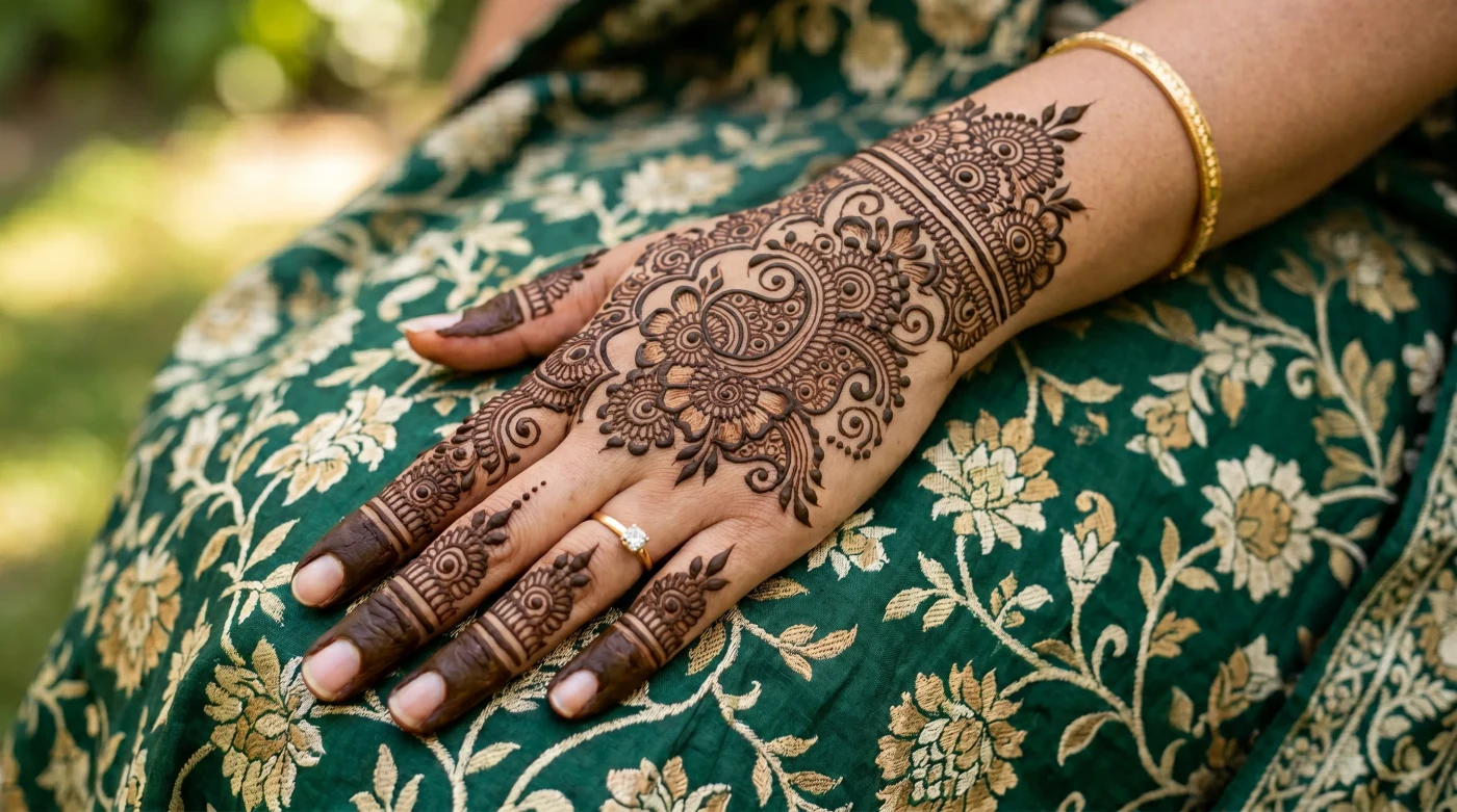 Intricate Arabic mehndi design with detailed floral patterning