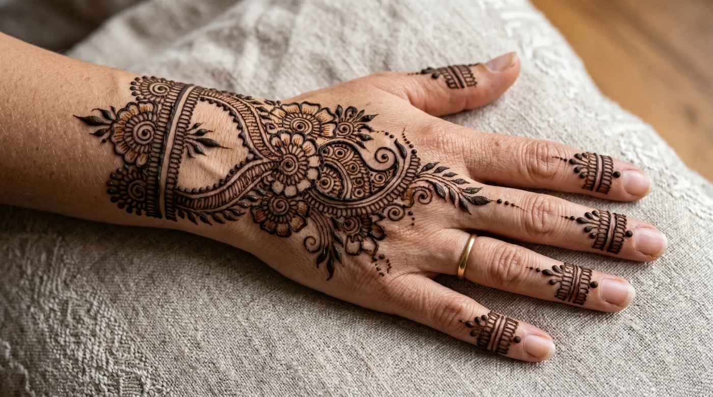 Traditional Arabic henna design with a rich ornamental layout