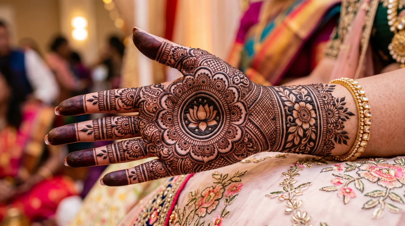 Bridal palm mehndi design with a central mandala for weddings