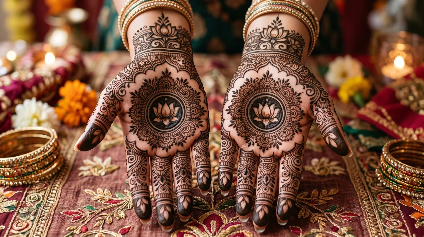 Intricate bridal mehndi covering both palms with fine details