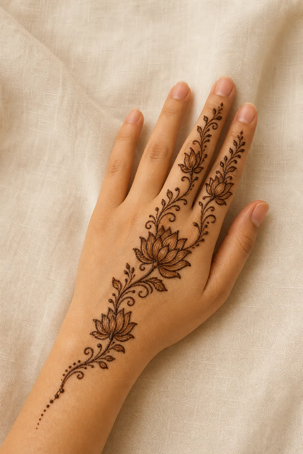Delicate lotus vine mehndi design for the back of the hand