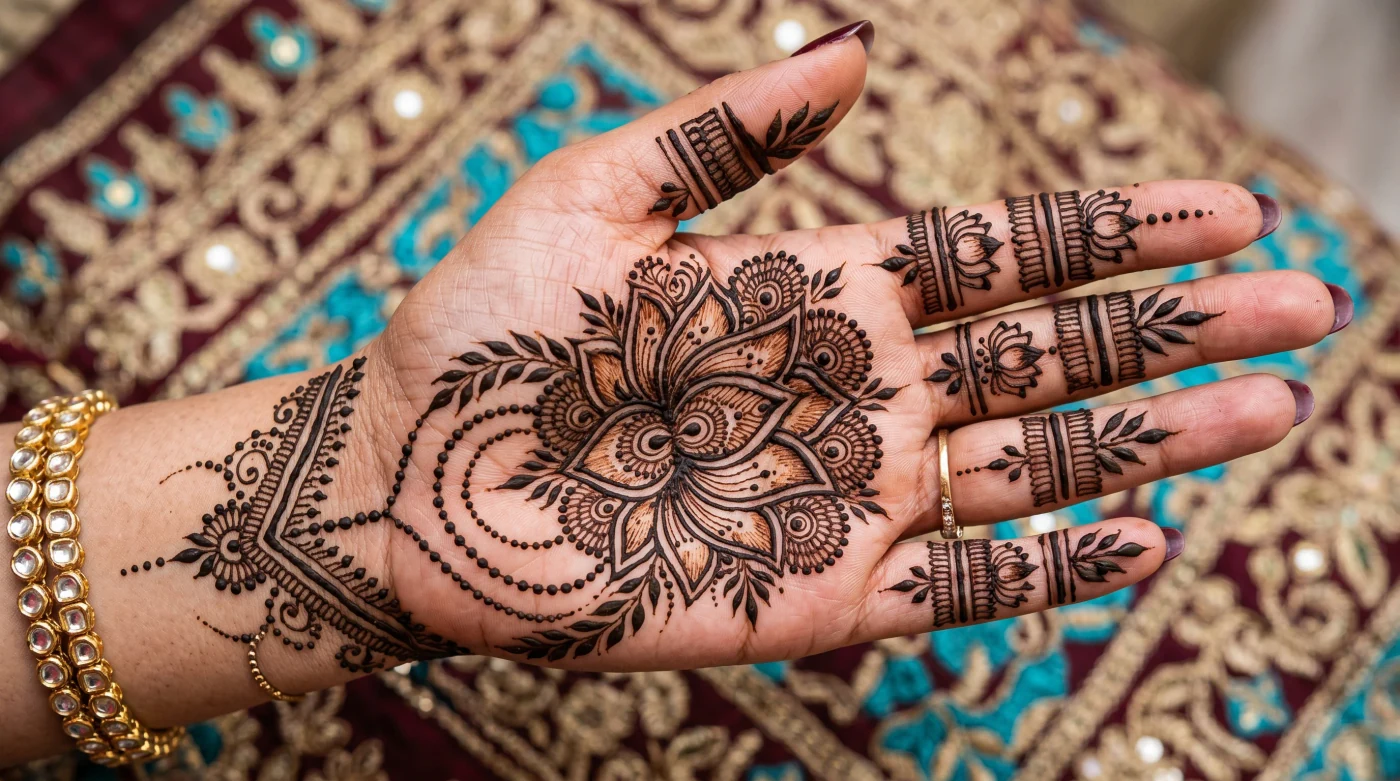 Elegant lotus mehndi motif arranged across the palm
