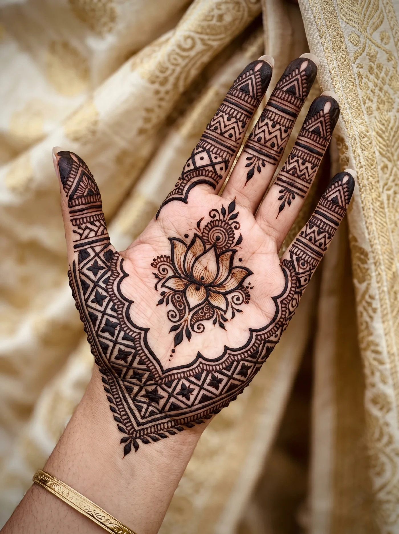 Indo-Arabic fusion mehndi design with flowing palm motifs