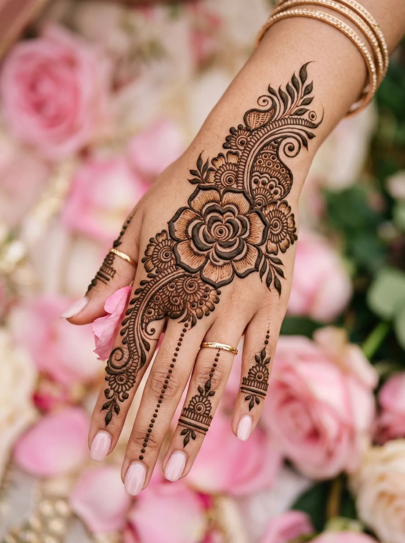 Indo-Arabic fusion back hand mehndi with modern spacing