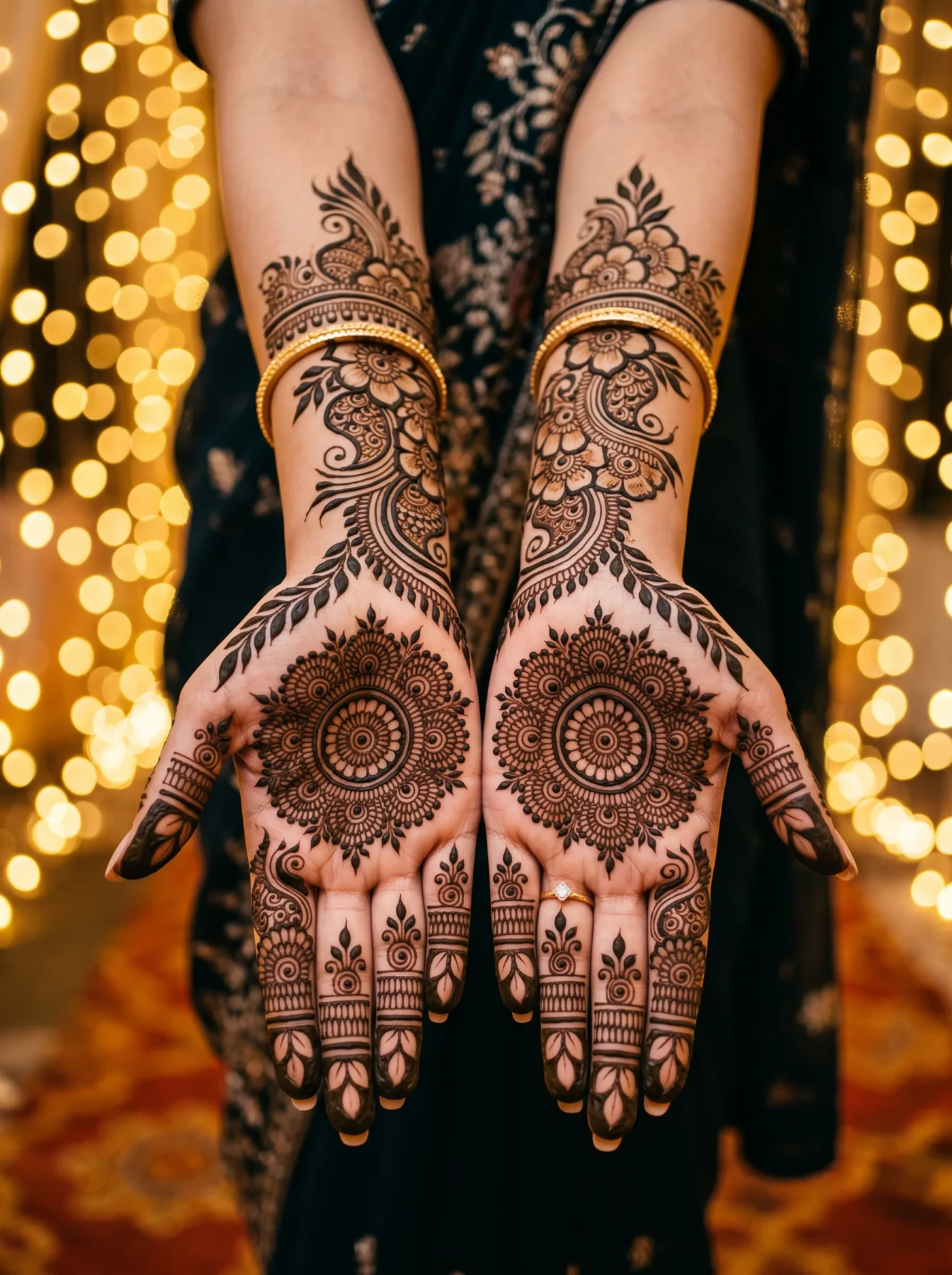 Dark Indo-Arabic mehndi patterns displayed on both palms
