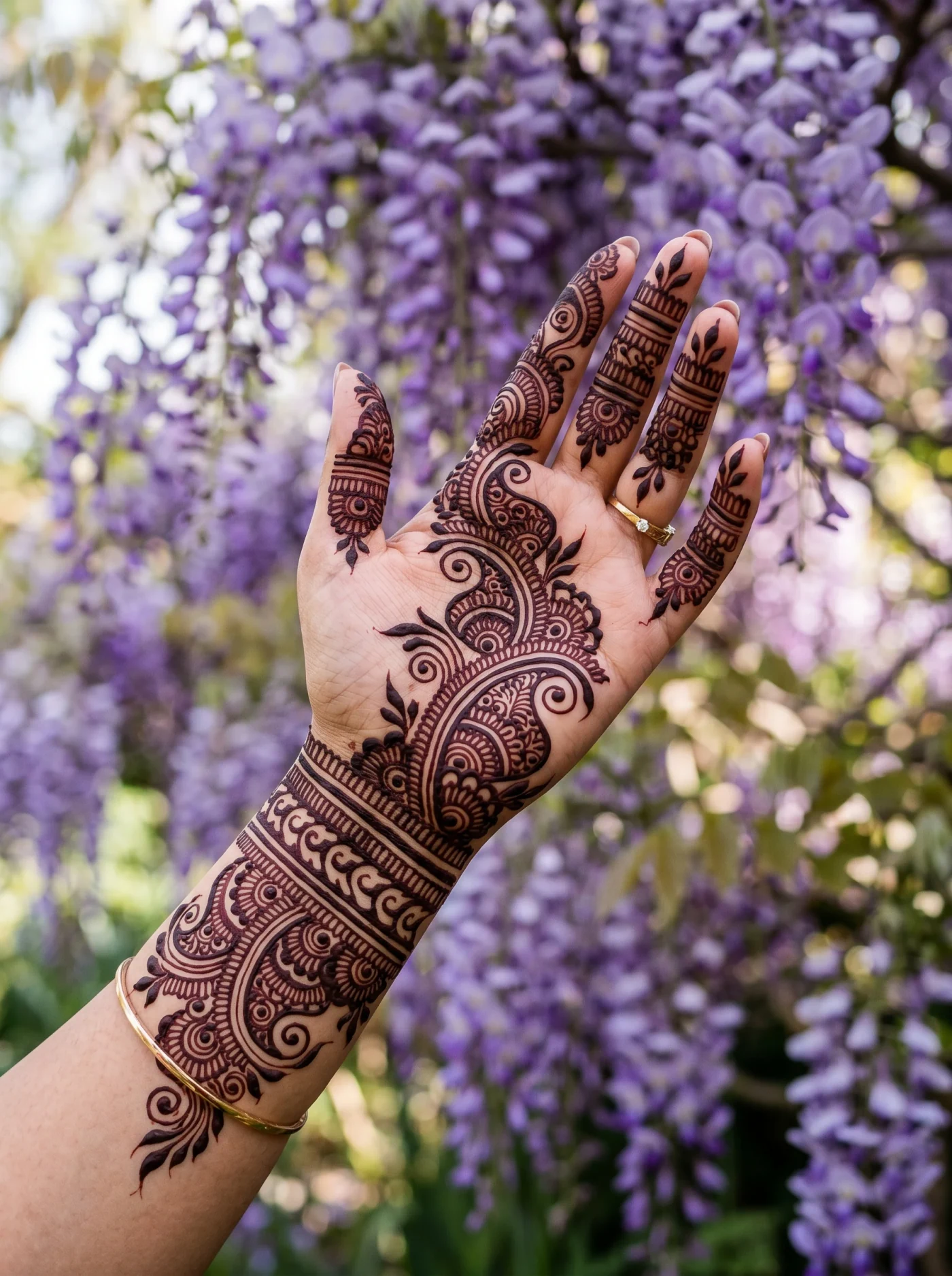 Indo-Arabic mehndi design flowing from wrist to palm