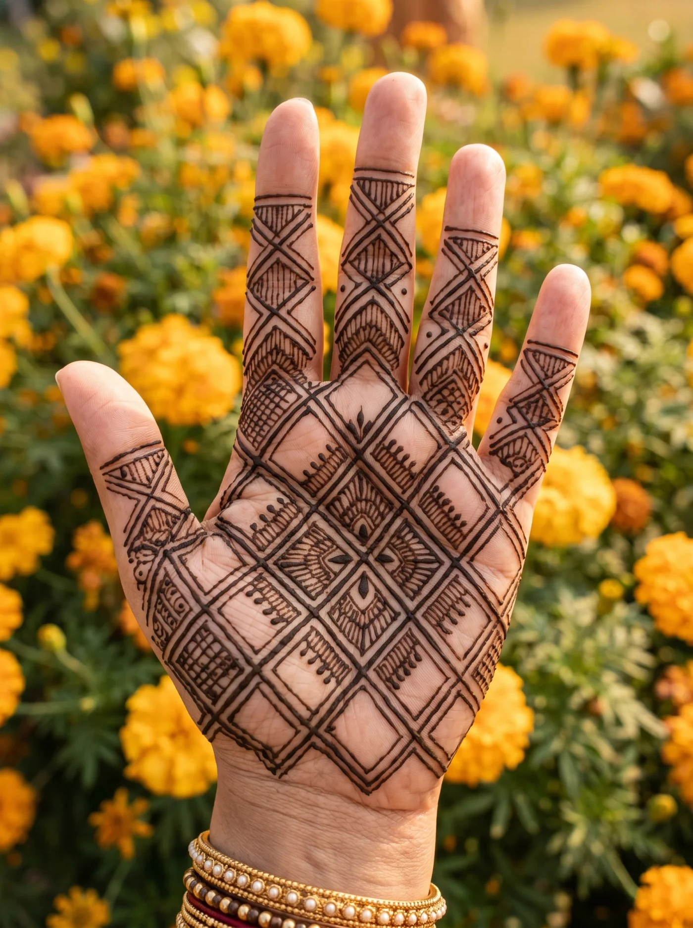 Geometric diamond grid henna pattern for a modern look