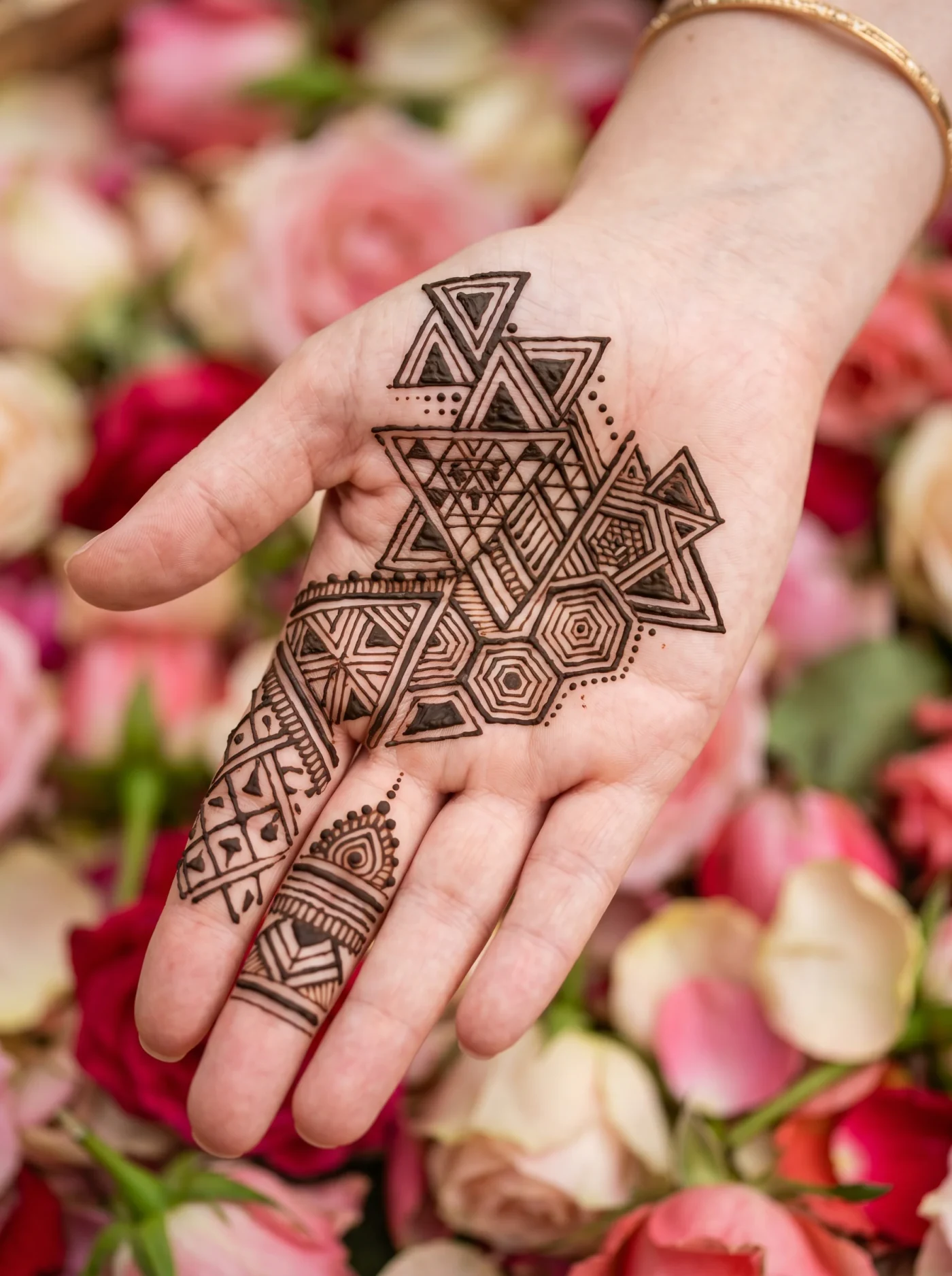 Stylish geometric mehndi design with crisp modern shapes