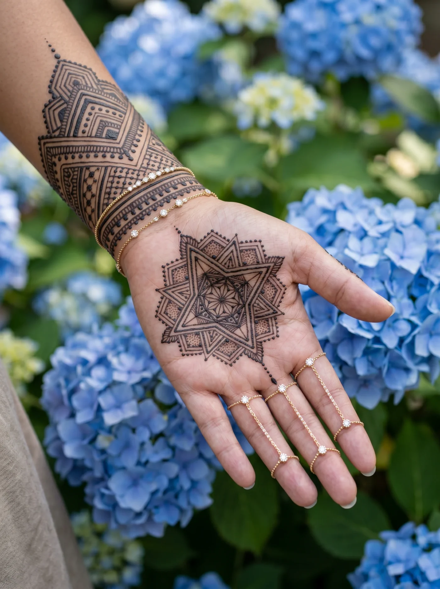 Geometric mehndi pattern extending from wrist to fingertip