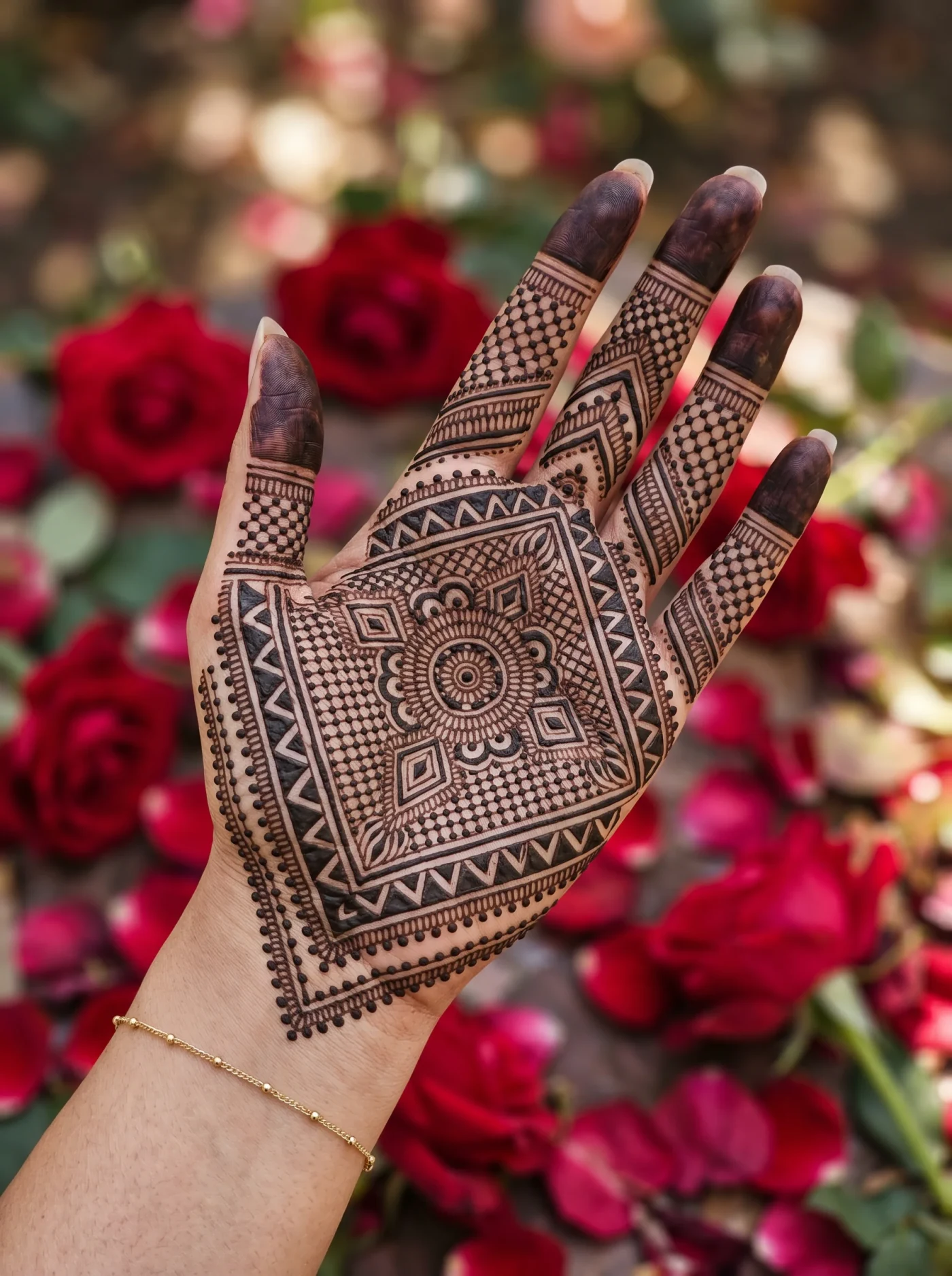 Modern geometric mehndi pattern arranged across the palm