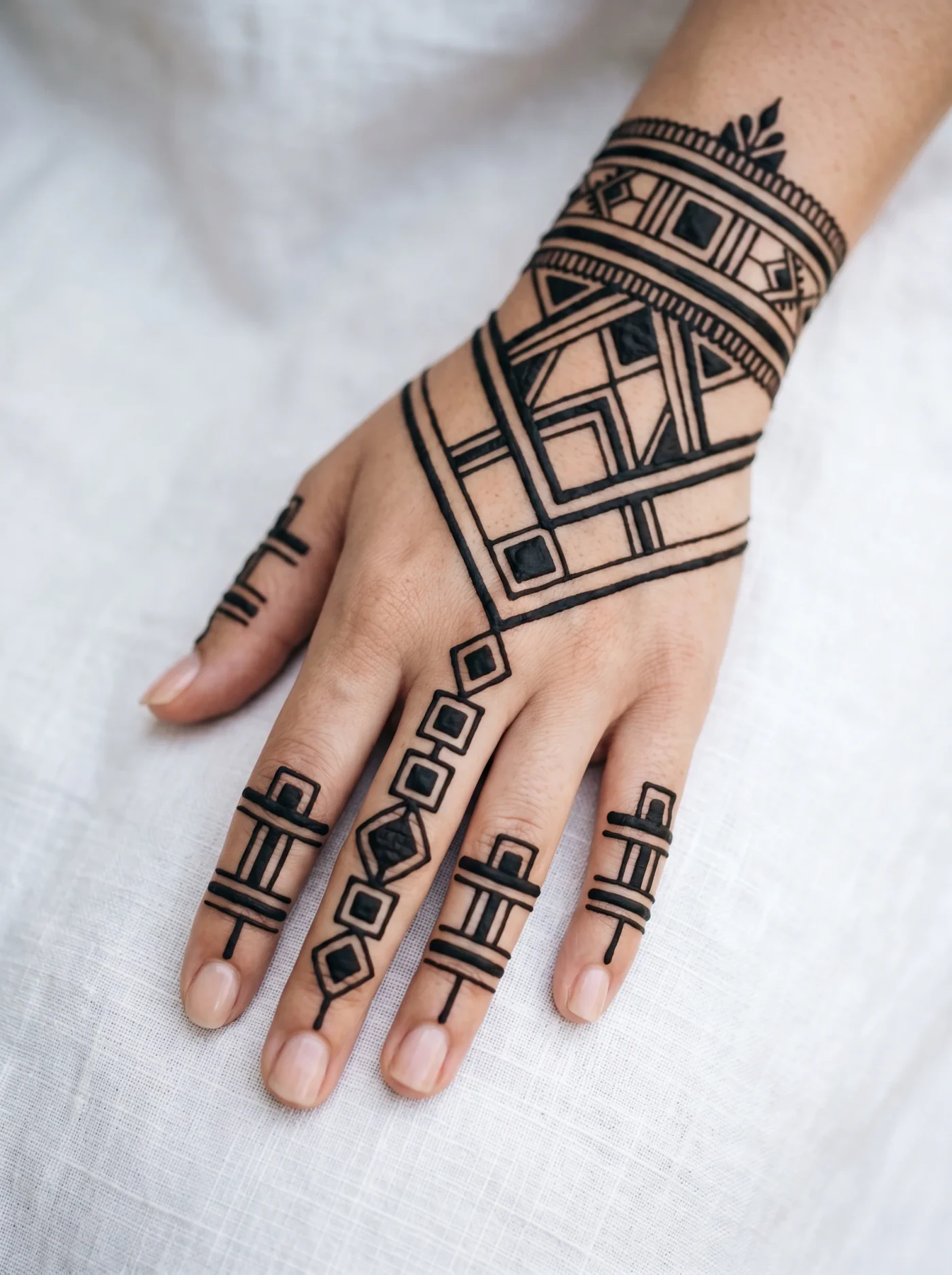 Minimalist geometric back hand mehndi design with open spacing