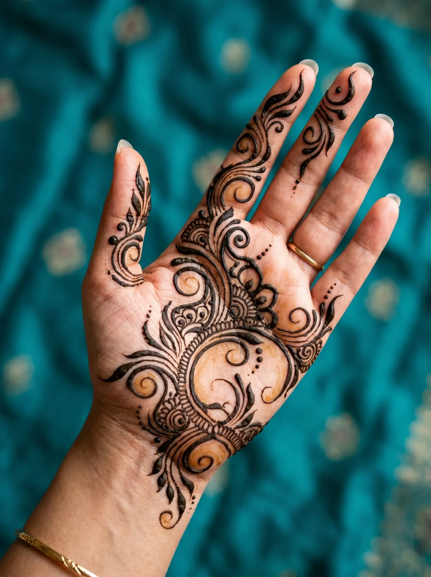 Dark modern art mehndi design covering the palm