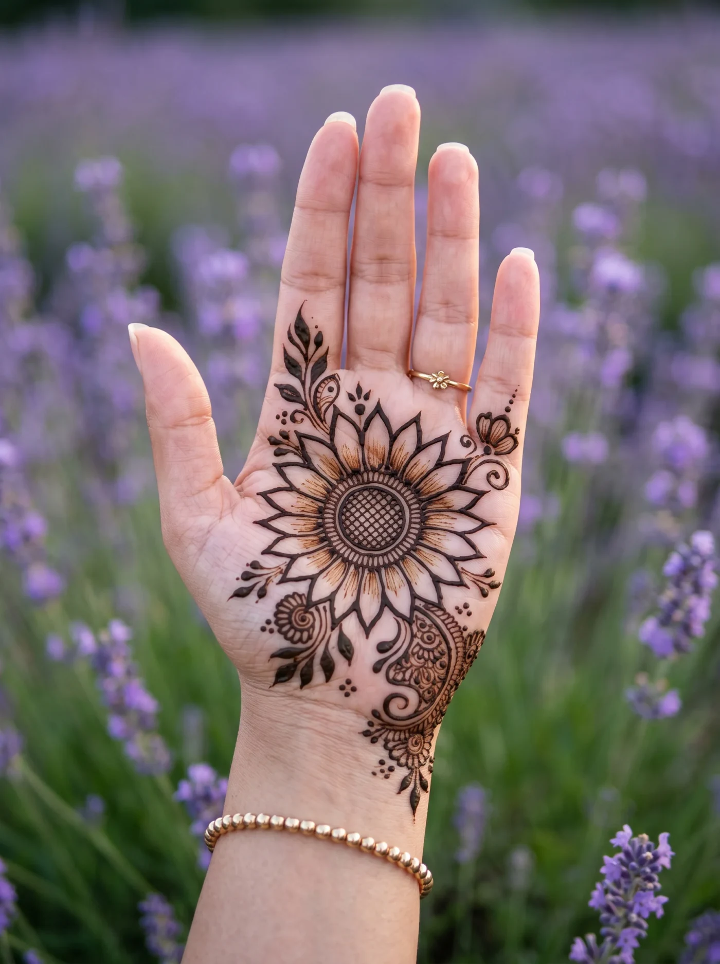 Modern palm mehndi design with simple stylish details