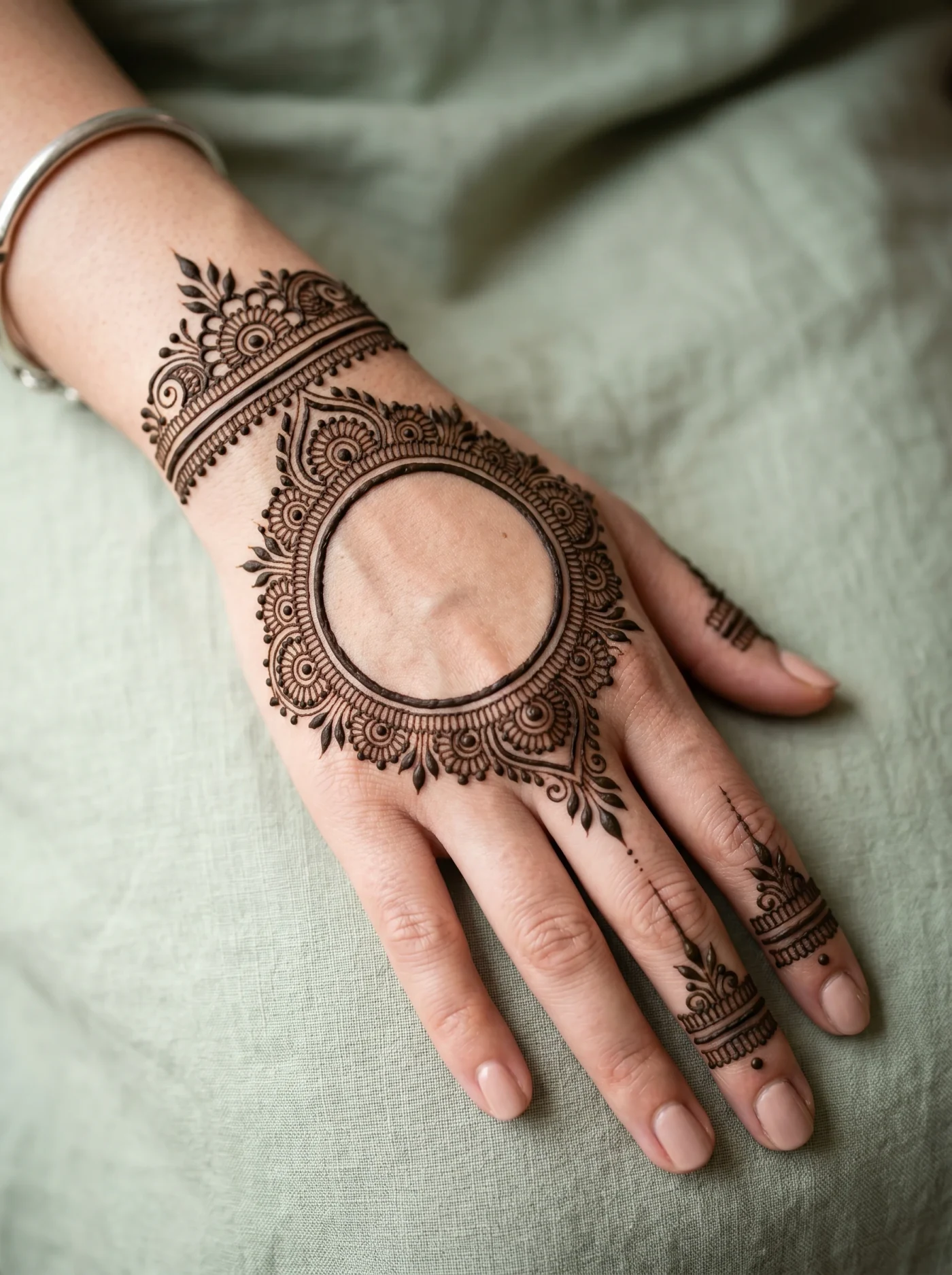 Modern negative space mehndi design with a minimal layout