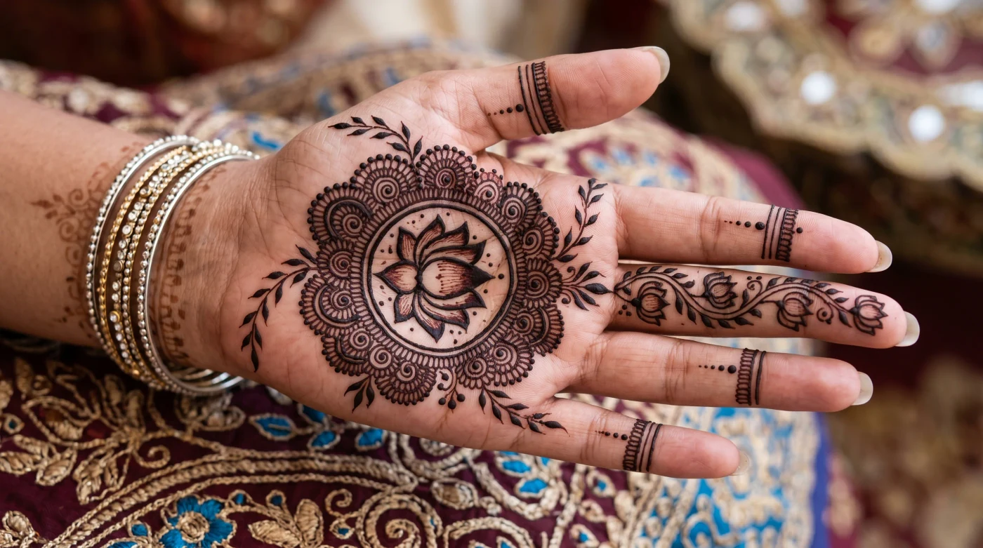 Indian lotus mehndi design with traditional decorative details