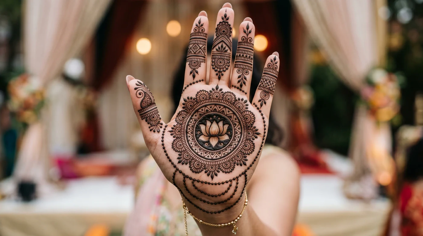 Circular chakra mehndi design centered neatly on the palm