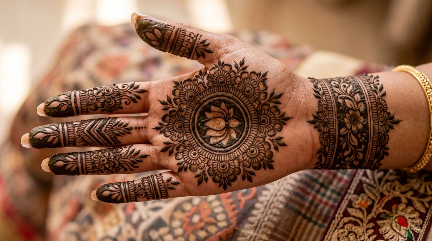 Circular mandala henna pattern with balanced palm details