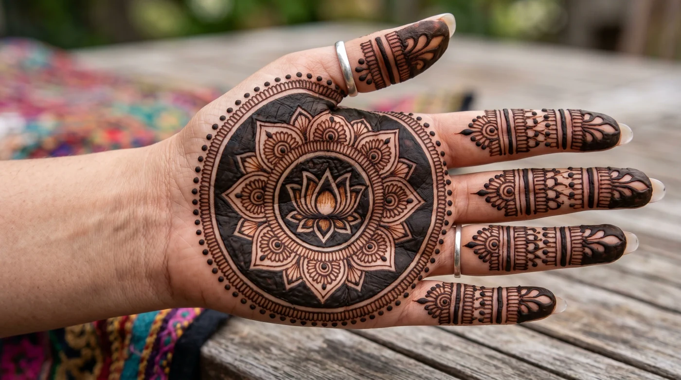 Round henna mandala palm design with simple surrounding accents